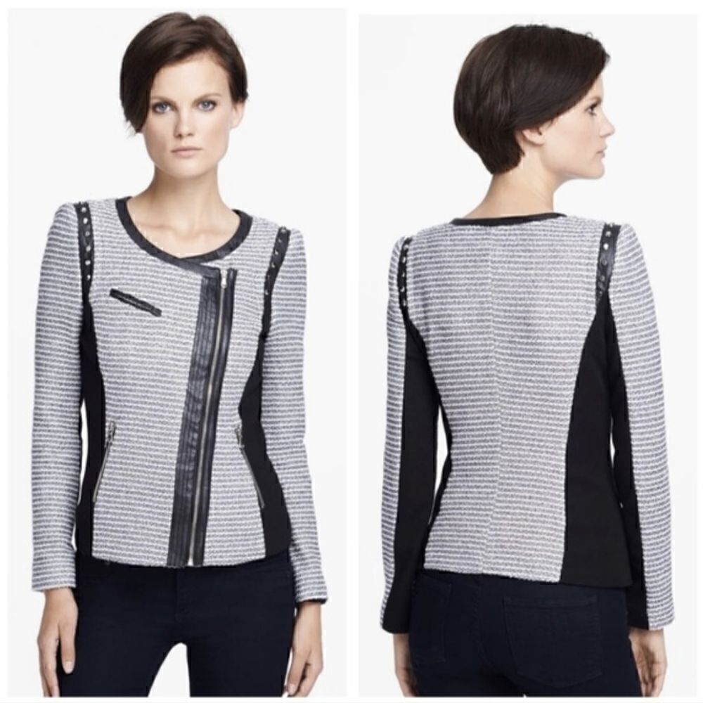 McGinn Blue & White Stripped Tweed Moto Jacket Studded Faux Leather Trim Sz S
